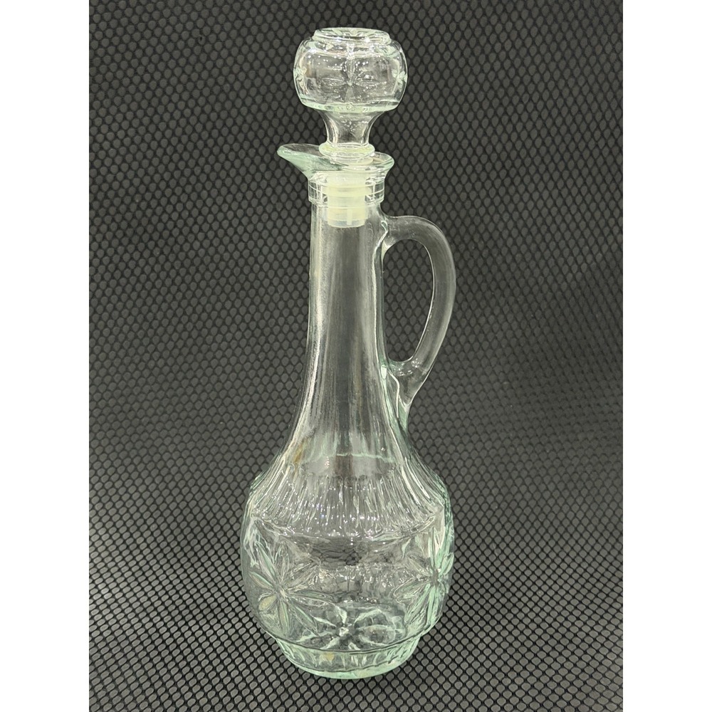 Vintage Liquor Decanter Tall Clear Green Tint Glass Starburst w/Handle Stopper